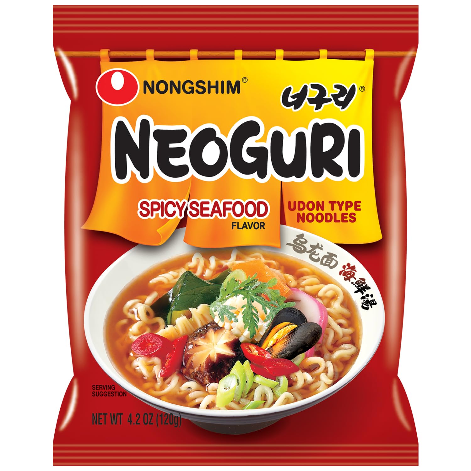 Nongshim Neoguri Spicy Seafood with Udon-Style Noodle - Indulge in Spicy Flavors, Perfect for Snacking, |2 Oz x 10 Packs
